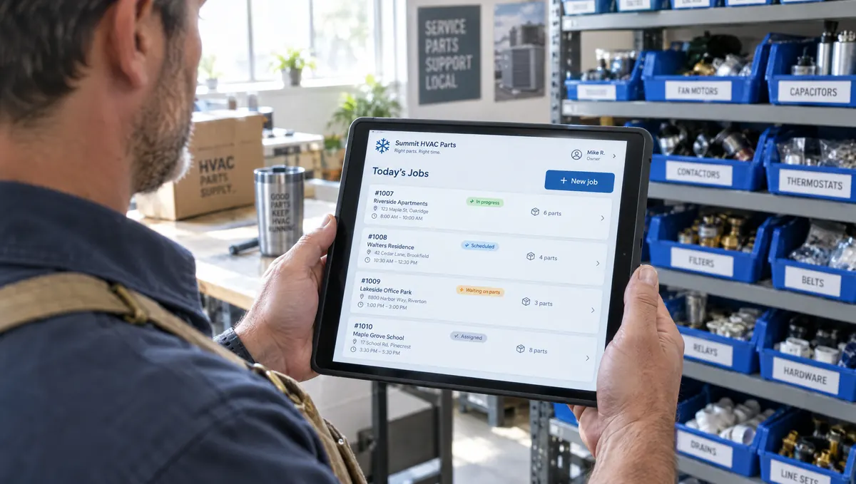 A shop owner checking today's jobs in a custom app on his tablet