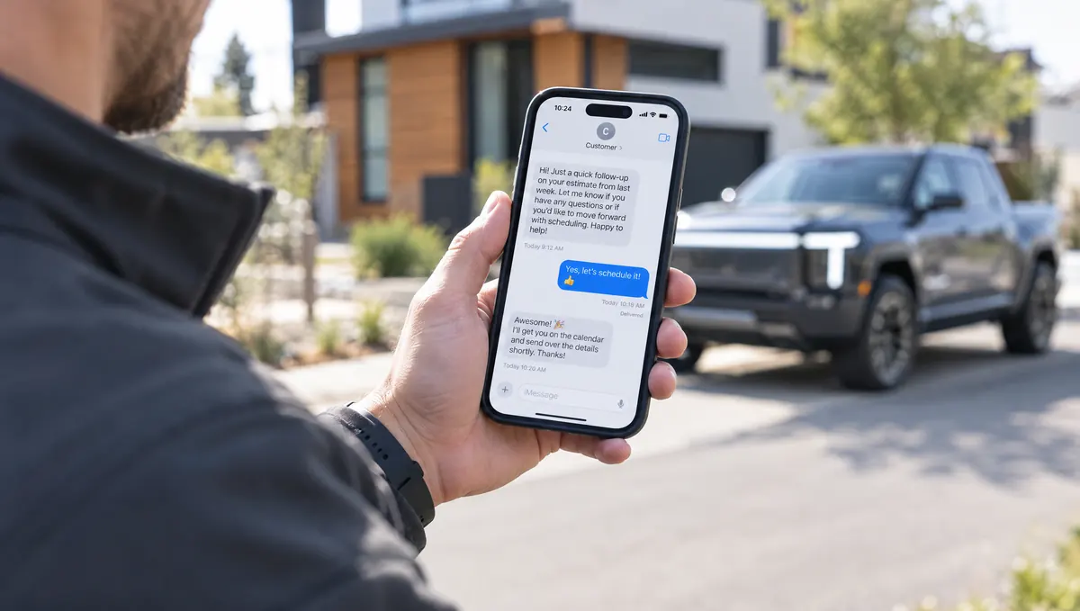A contractor reading a customer's yes to a follow-up text outside a new home