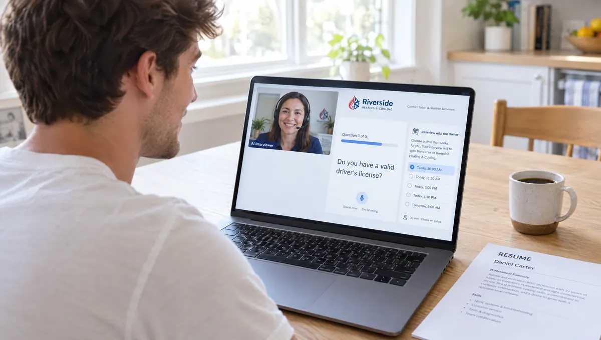 A job applicant answering an AI interviewer's screening questions on his laptop, with interview times to meet the owner
