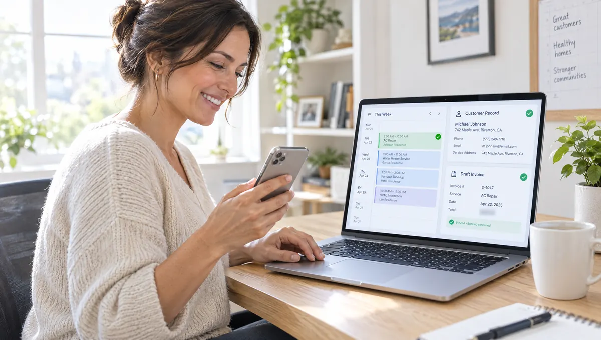 An office manager watching a booking from her phone land in her calendar and invoices at once