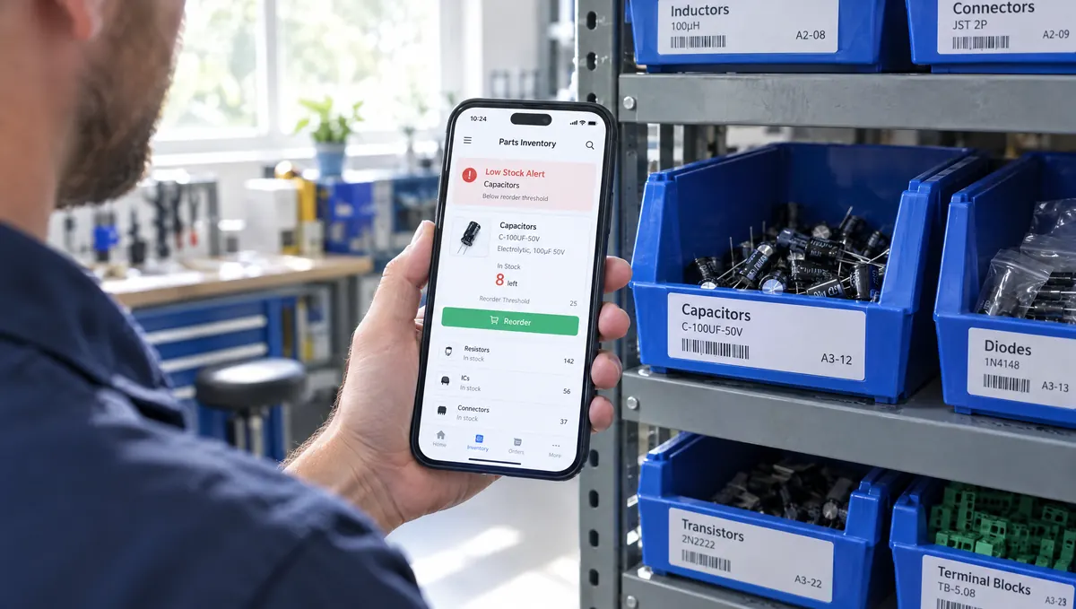 A technician getting a low-stock alert for capacitors next to the parts bin