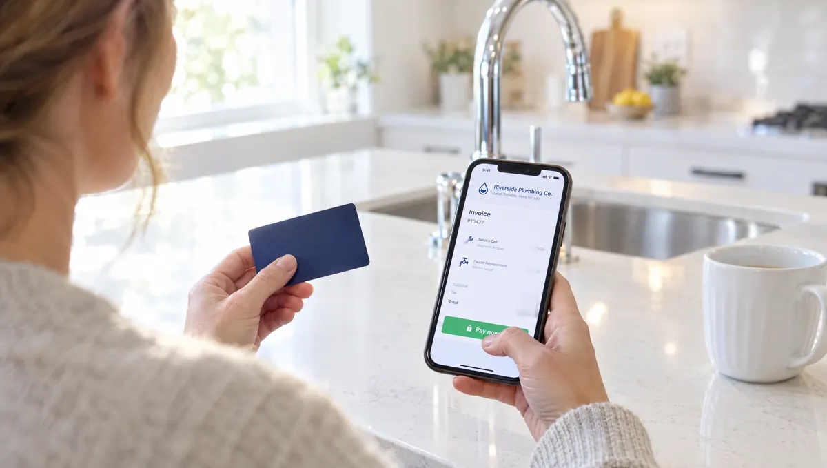 A homeowner paying a plumber's invoice on her phone, her card in her other hand