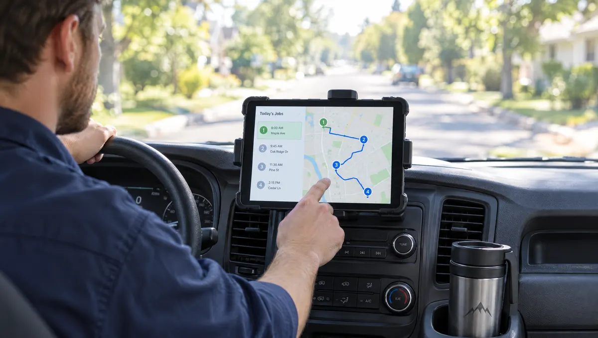 A technician checking the day's route on a tablet in his van