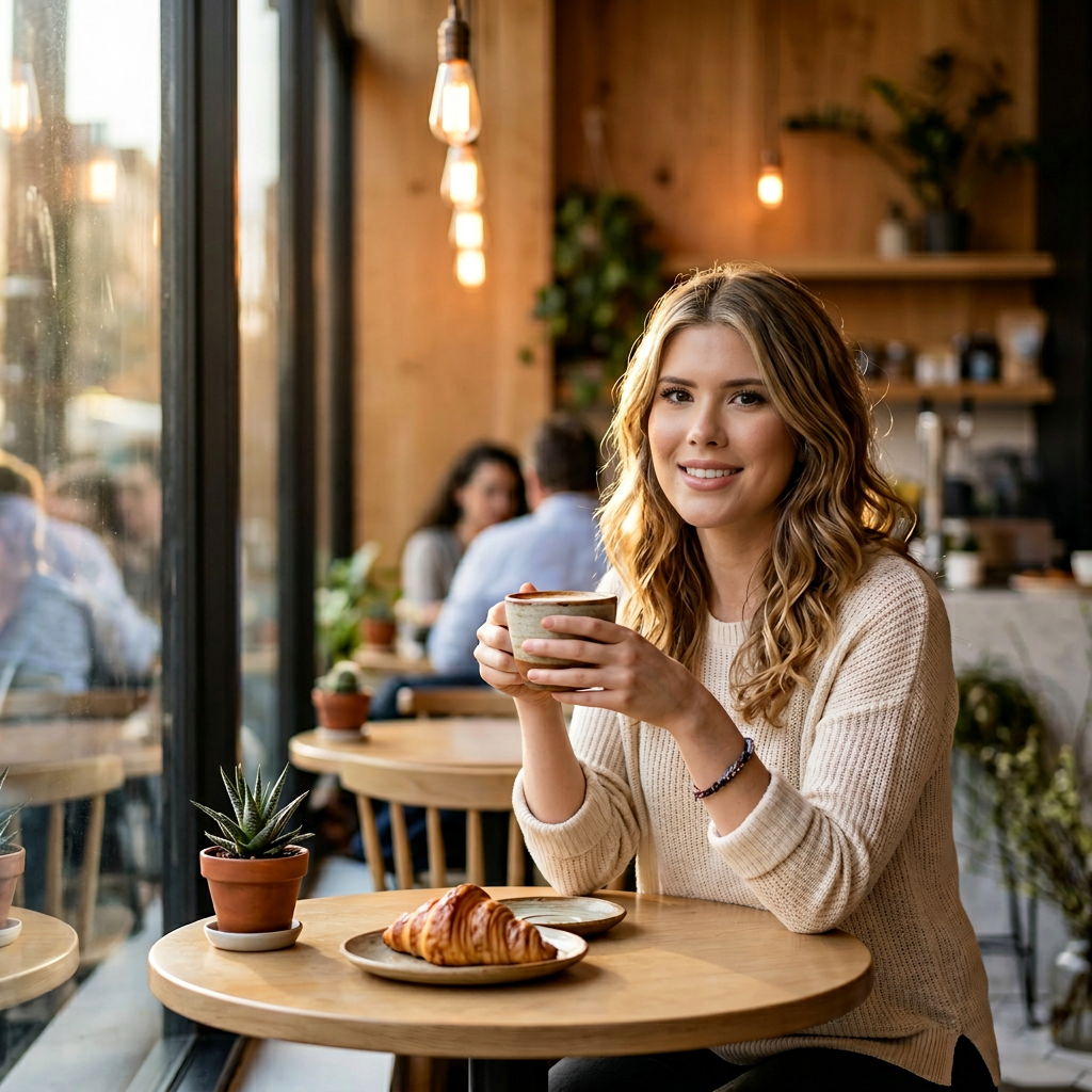 Young woman sitting at a café table by a large window