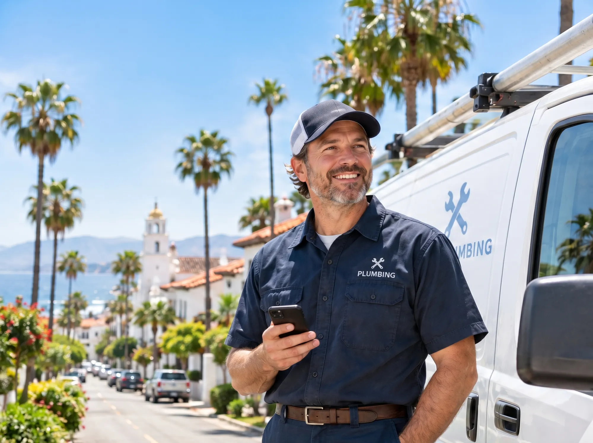 A smiling plumber holding his phone next to his work van on a sunny Santa Barbara street