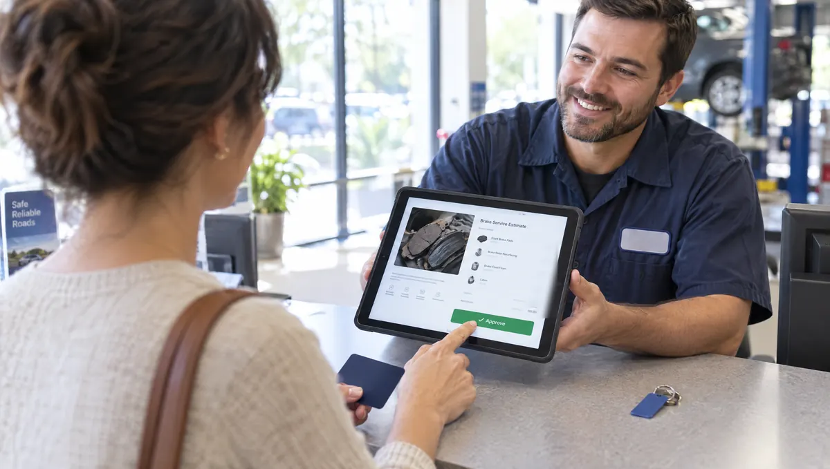 A customer, her card in hand, approving a digital estimate on the service advisor's tablet
