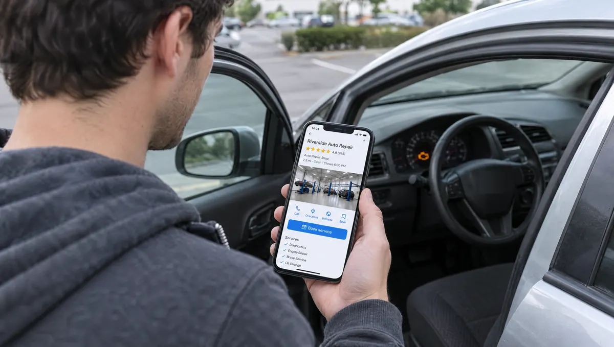 A young man with a check-engine light finding a local auto shop on his phone