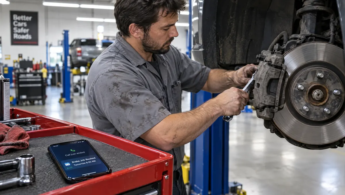 A mechanic keeps working on a brake job while a call is answered and booked on his phone