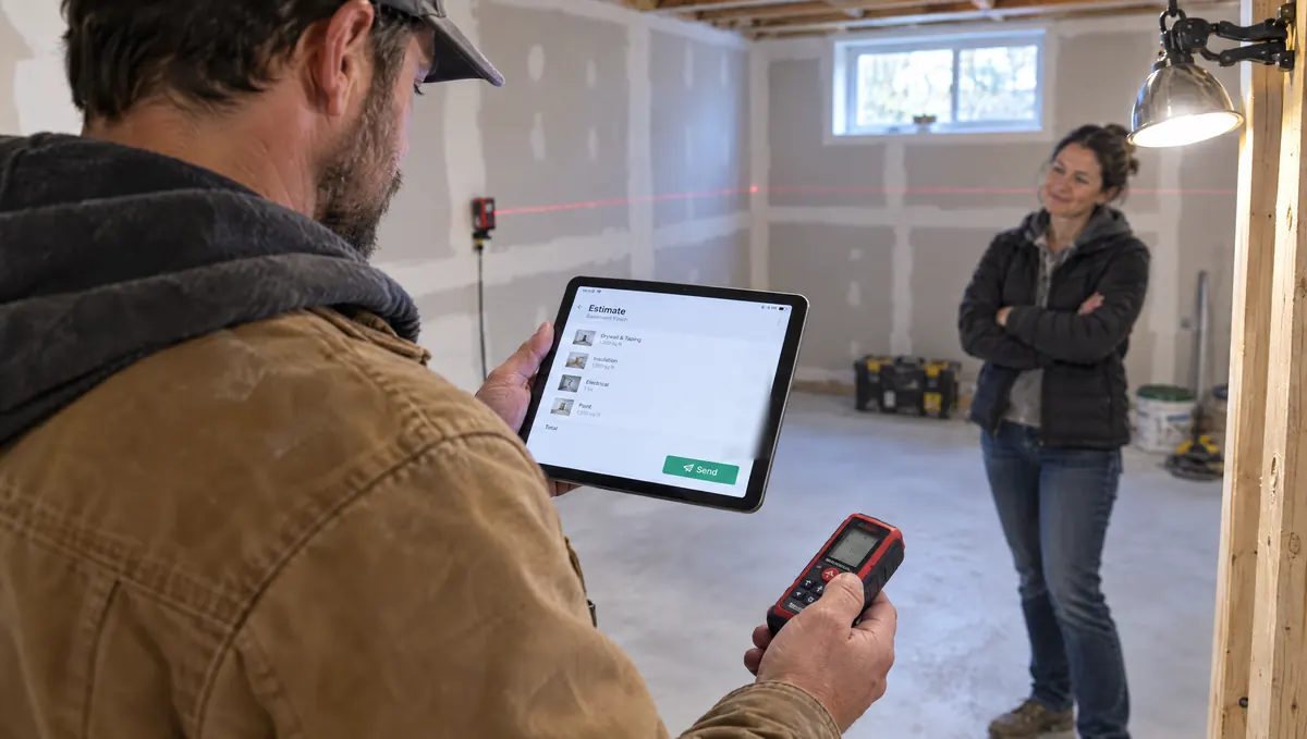 A contractor building an estimate on his tablet right after measuring a basement