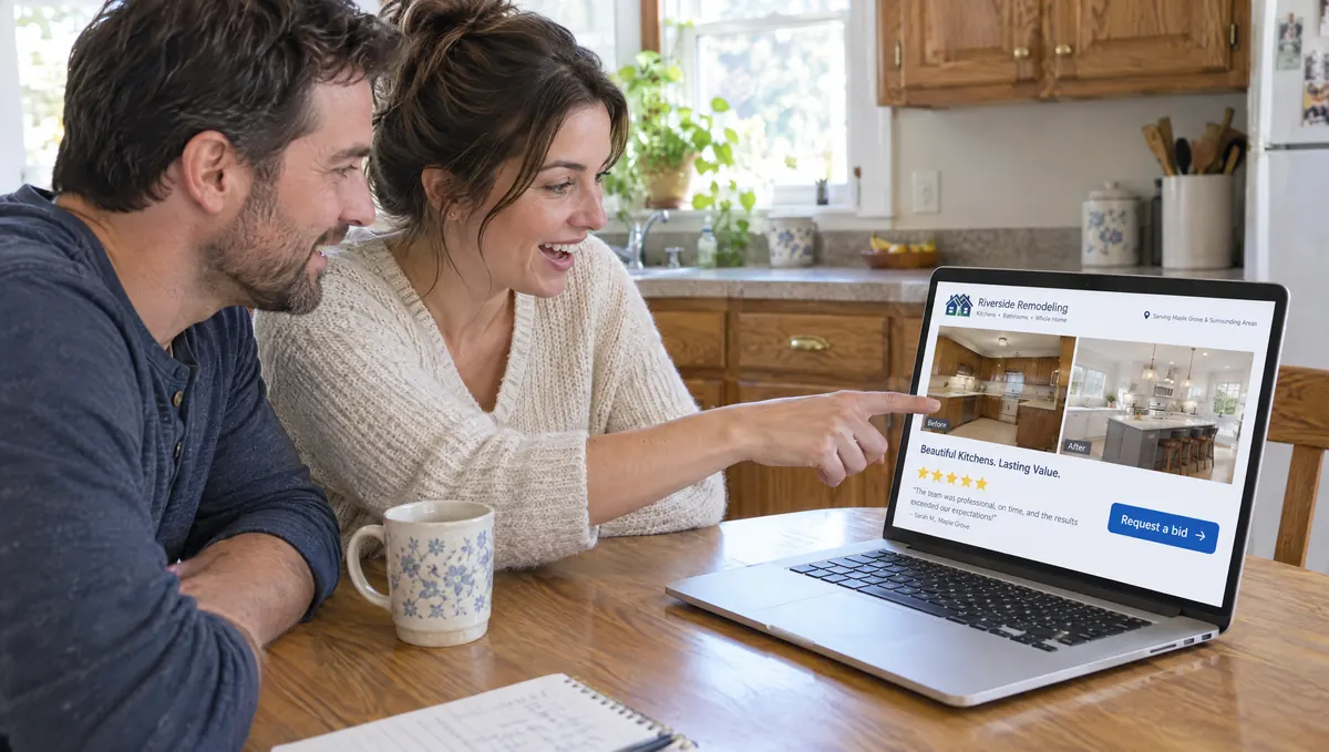 A couple choosing a contractor for their kitchen remodel on a laptop
