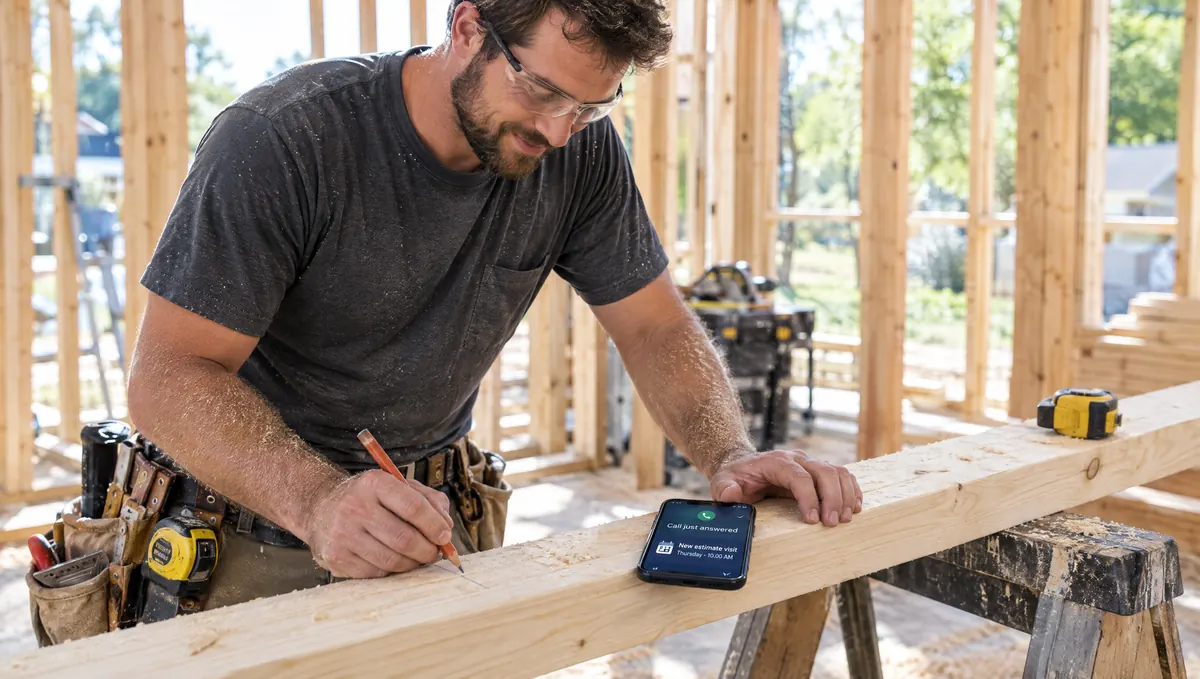 A contractor at a framing job, his phone beside him showing a new estimate visit booked