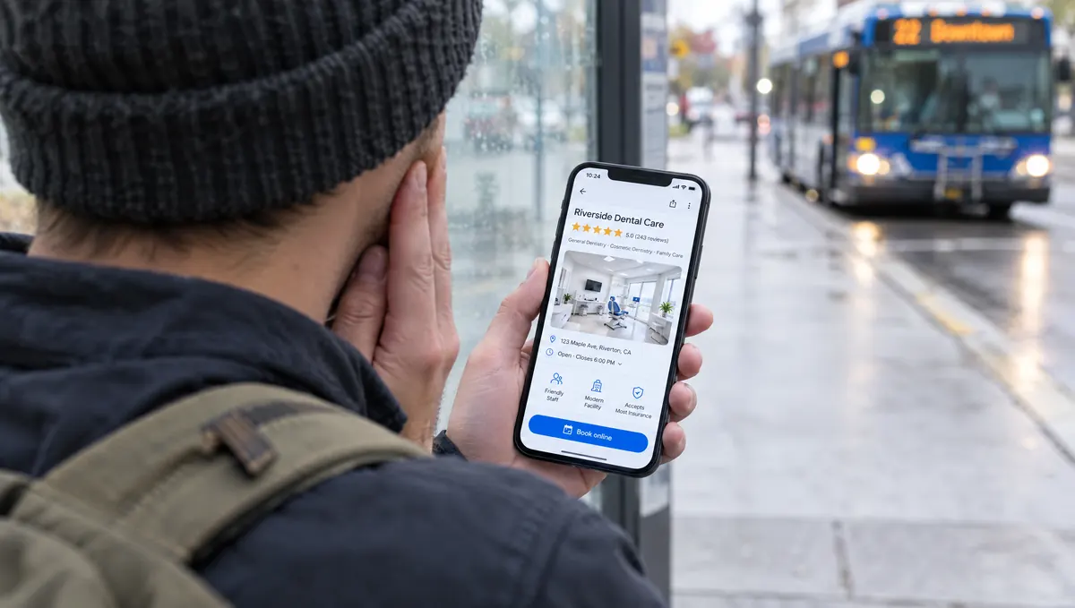 A man with a sore tooth finding a local dentist on his phone at a bus stop