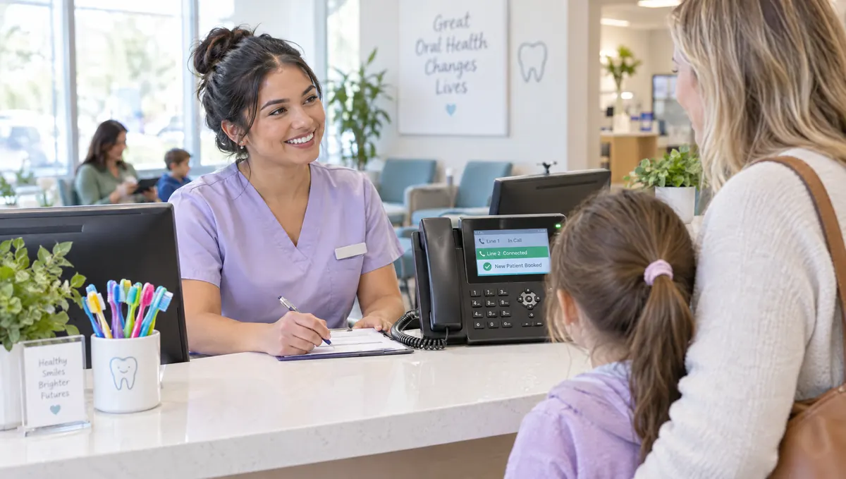 A dental receptionist checks in a family while the second line is answered and a new patient booked