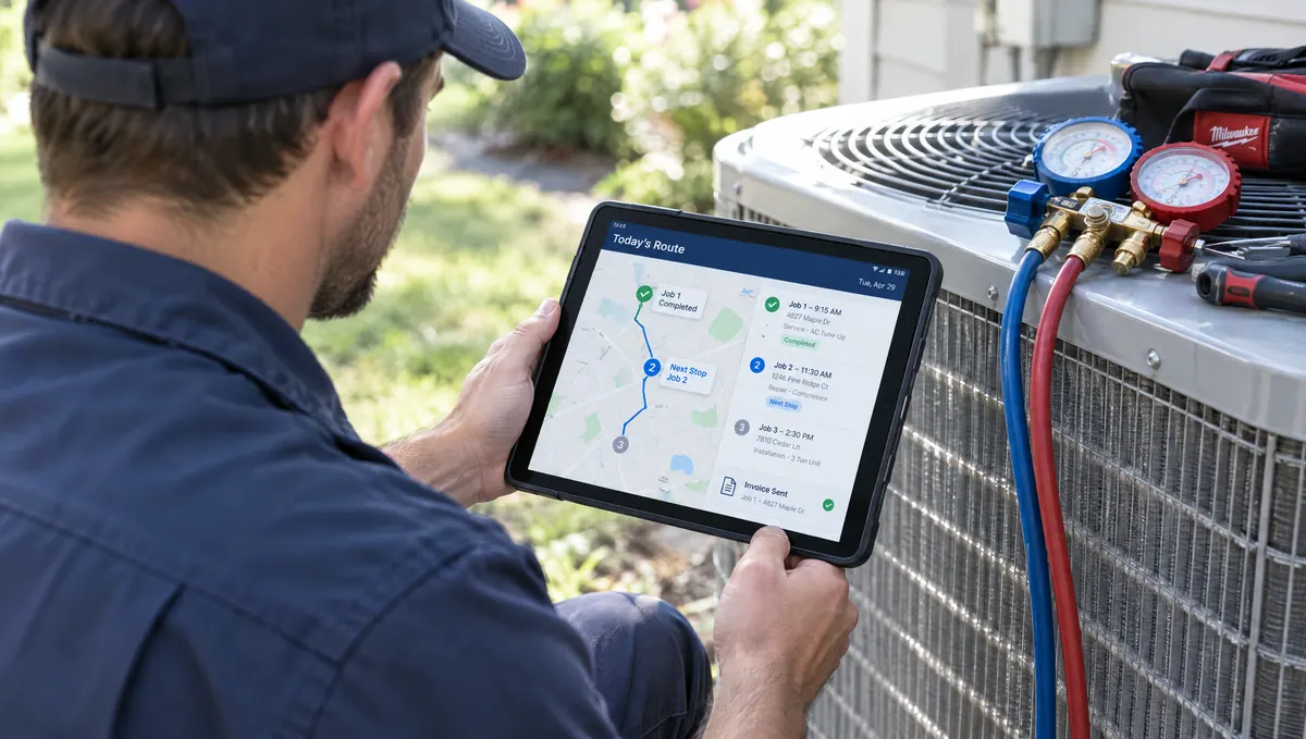 An HVAC technician checking the day's route and sent invoices on his tablet