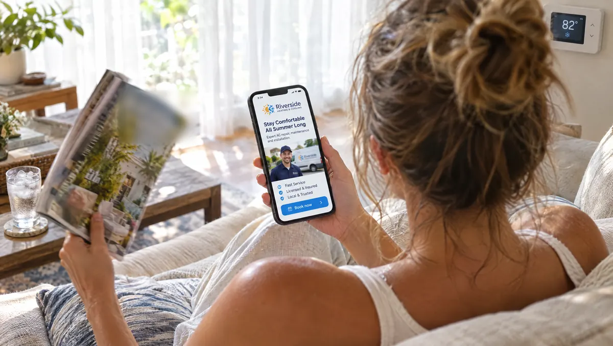A homeowner on a hot day looking at a heating and cooling company's ad on her phone
