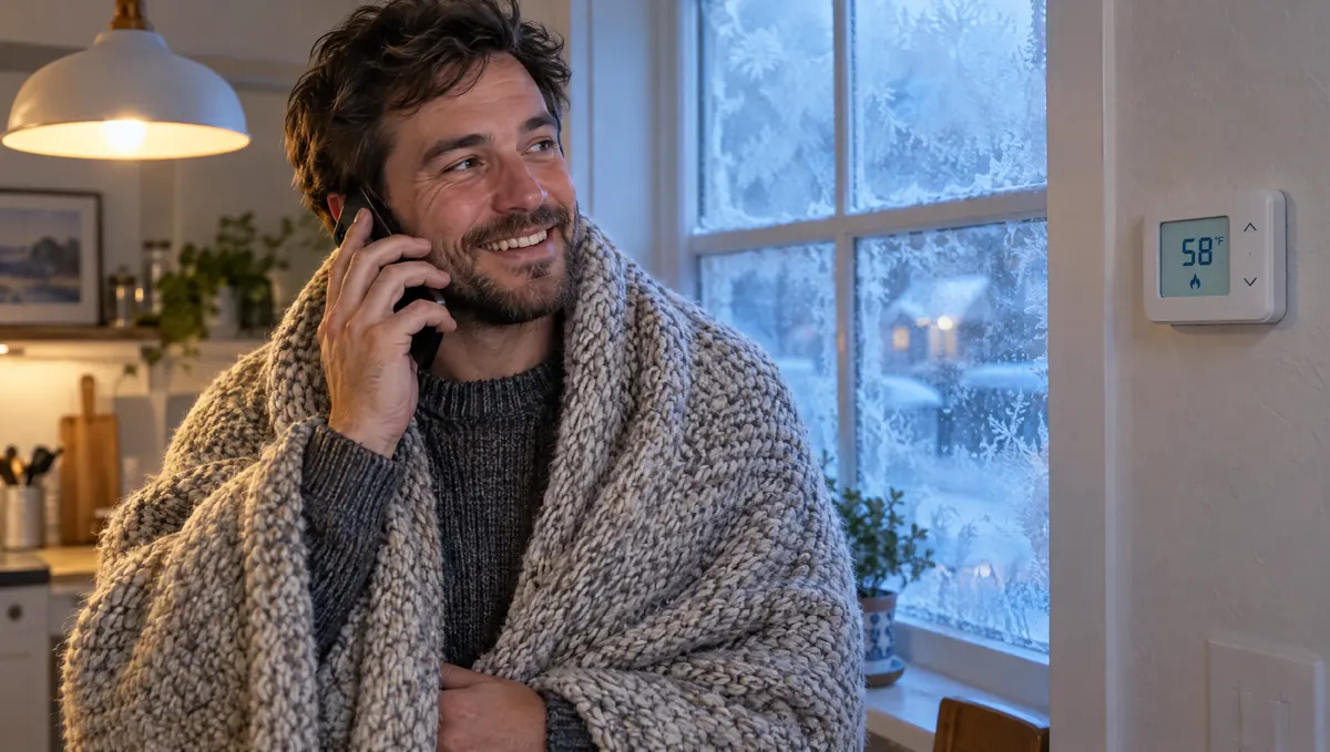 A man in a blanket by a cold thermostat, smiling because someone answered