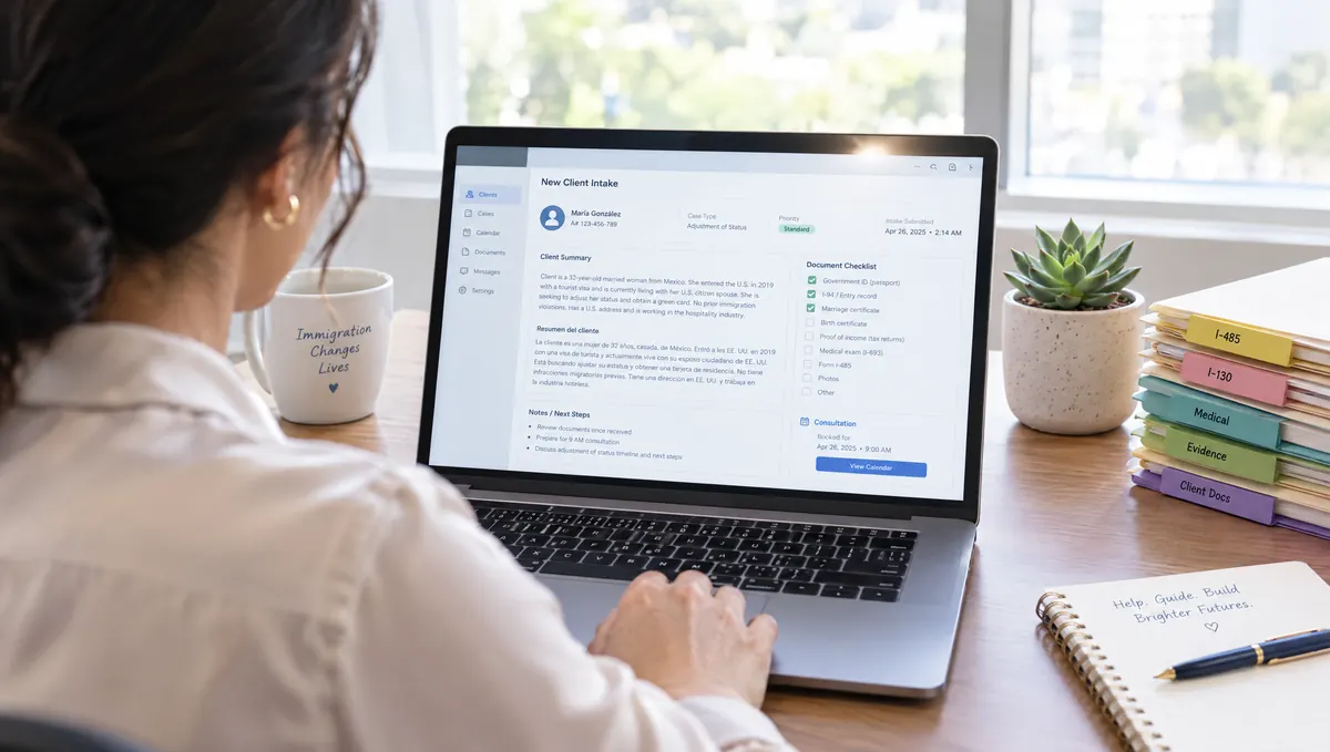 An immigration attorney reviewing a new client's intake and document checklist