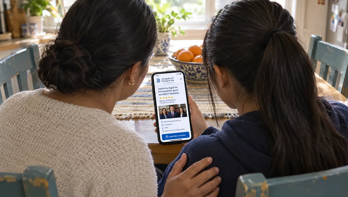 A daughter showing her mother an immigration law office's page in Spanish