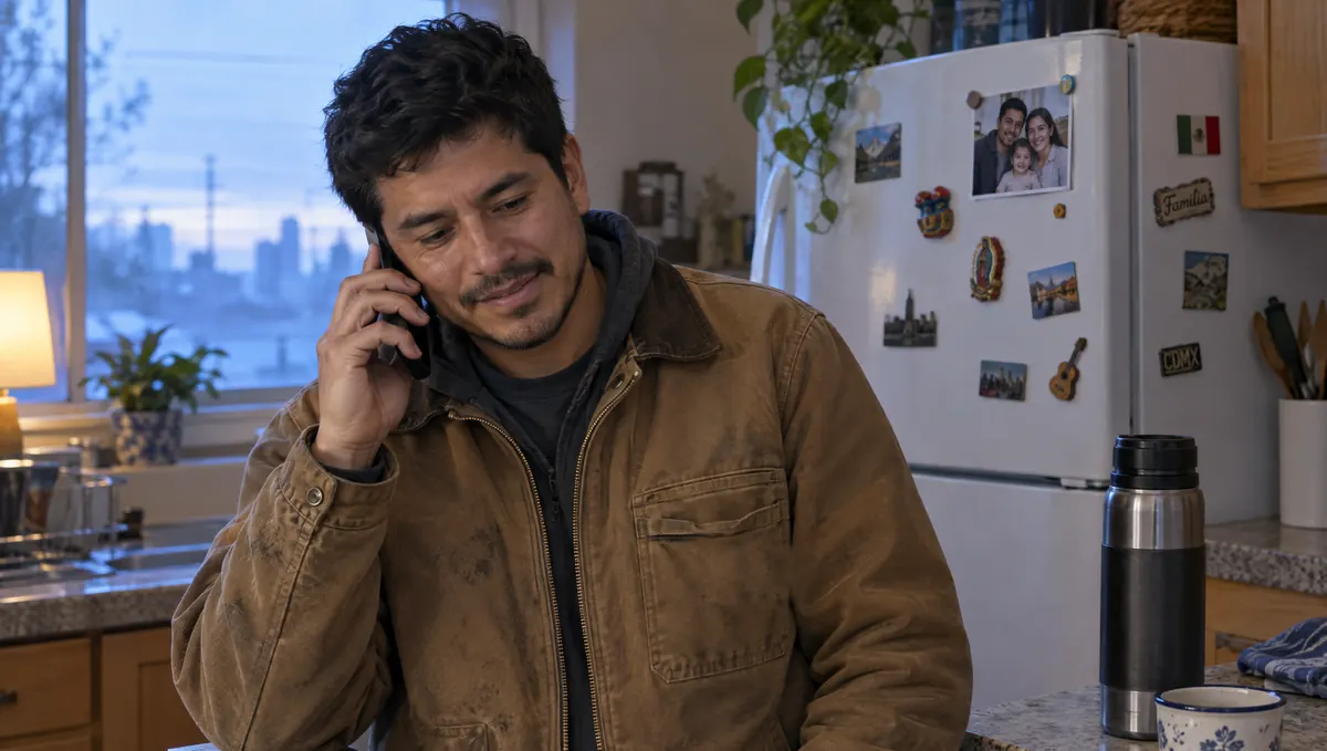 A man on the phone at dawn, relieved someone answered in Spanish