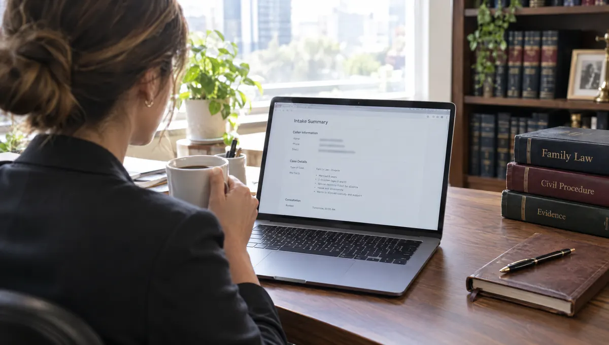 An attorney reading last night's intake summary on her laptop over coffee