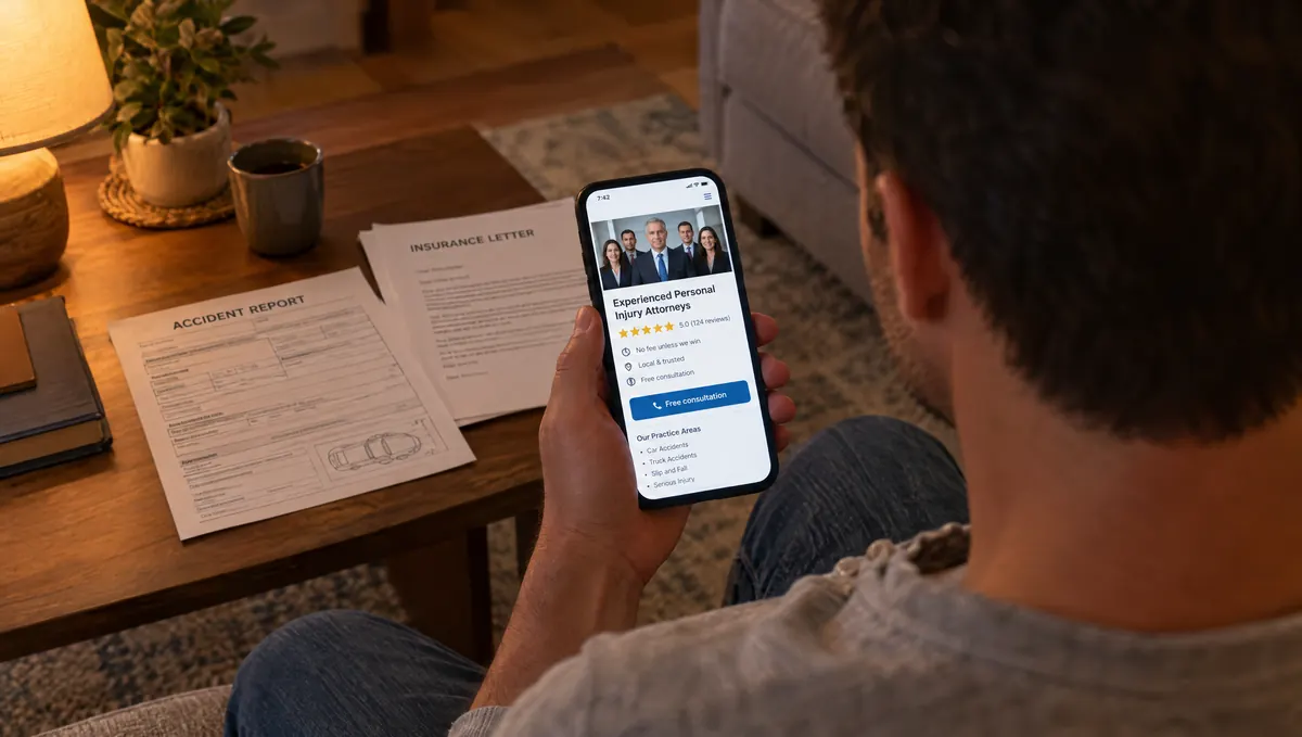 A man with an accident report looking up a local law firm on his phone