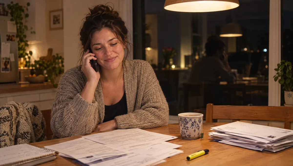 A woman with her case papers on the phone at night, relieved the law firm answered