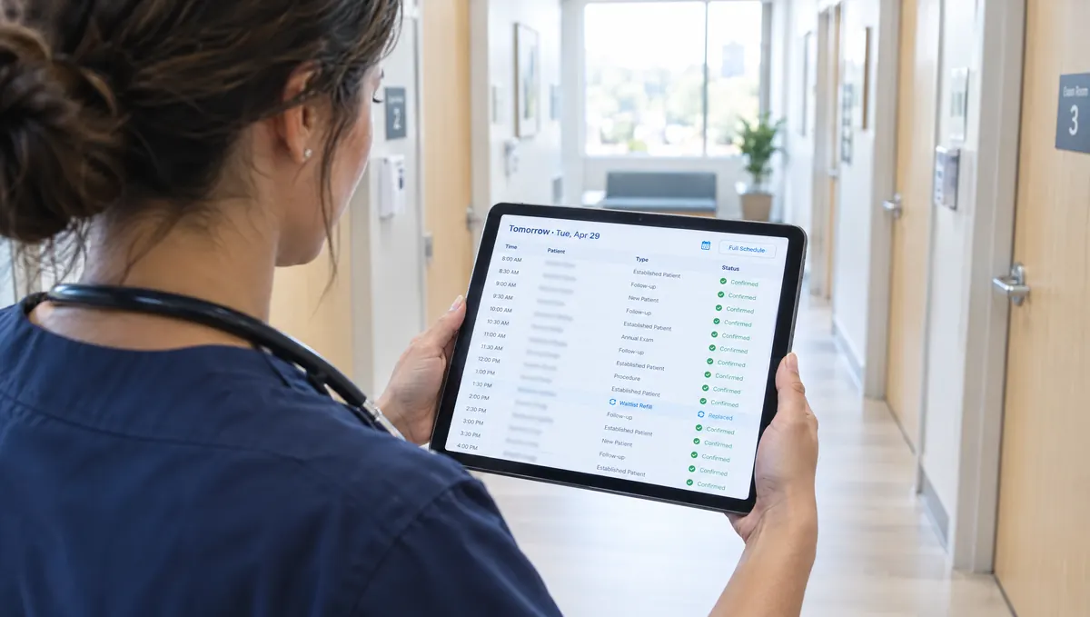 A medical assistant seeing tomorrow's appointments confirmed on her tablet