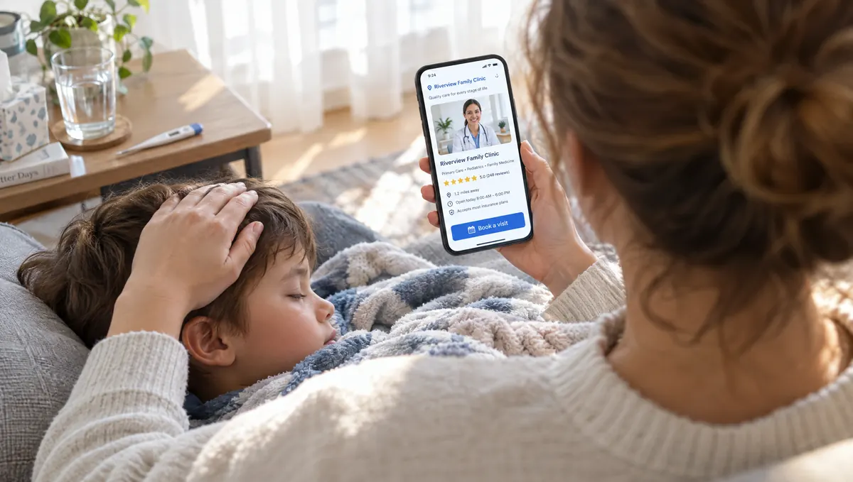 A mother with her sick son finding a local family clinic on her phone