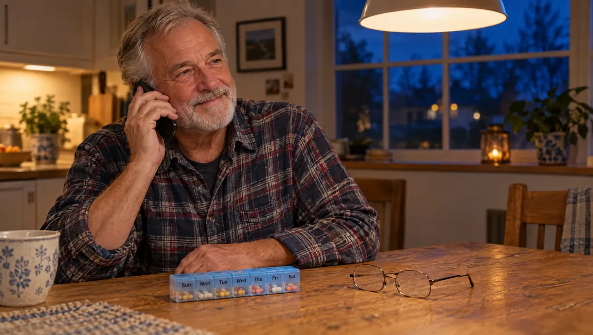 An older man on the phone in the evening, reassured that the clinic answered after hours