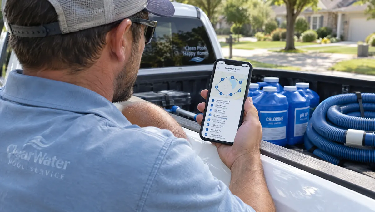 A pool service owner checking tomorrow's planned route on his phone by his truck