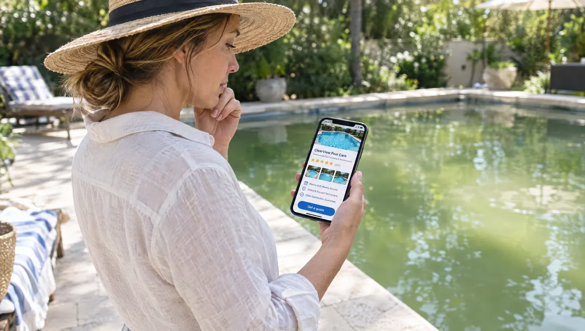 A homeowner by her green pool finding a local pool service on her phone