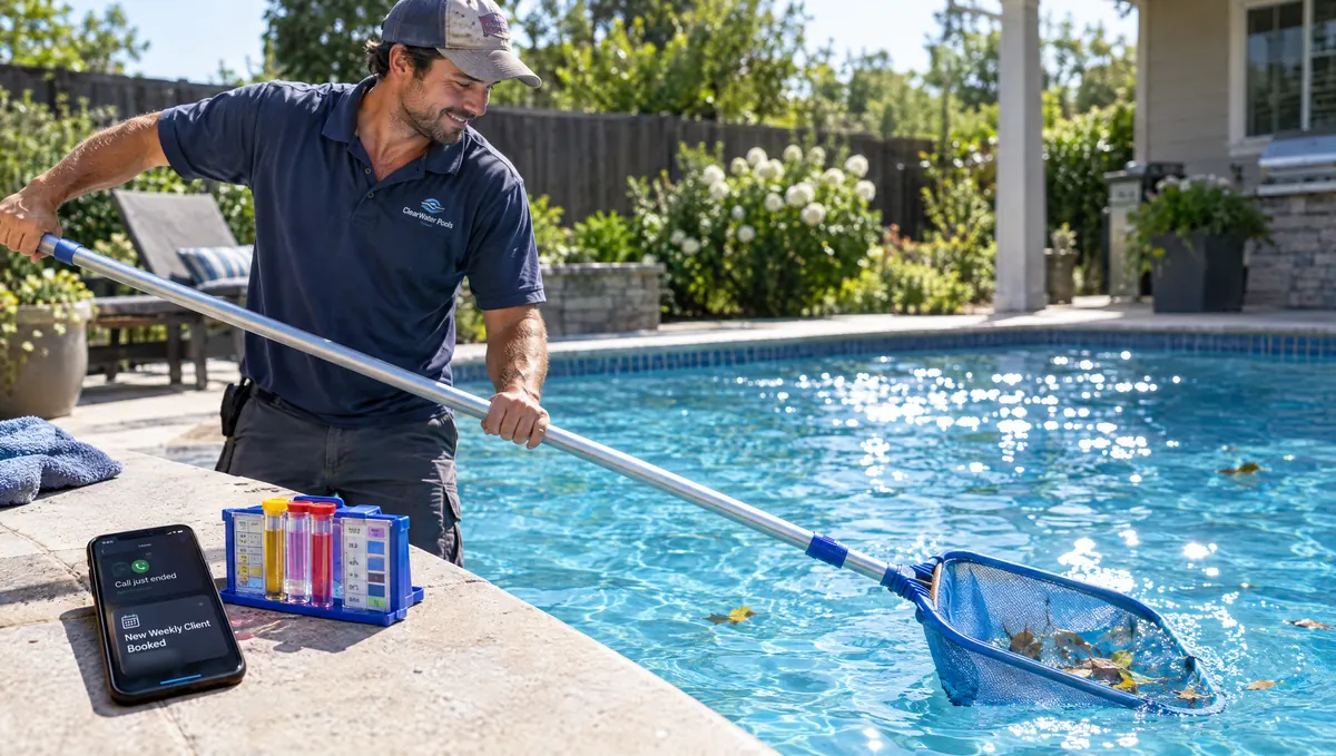 A pool technician keeps skimming while a new weekly client is booked on his phone