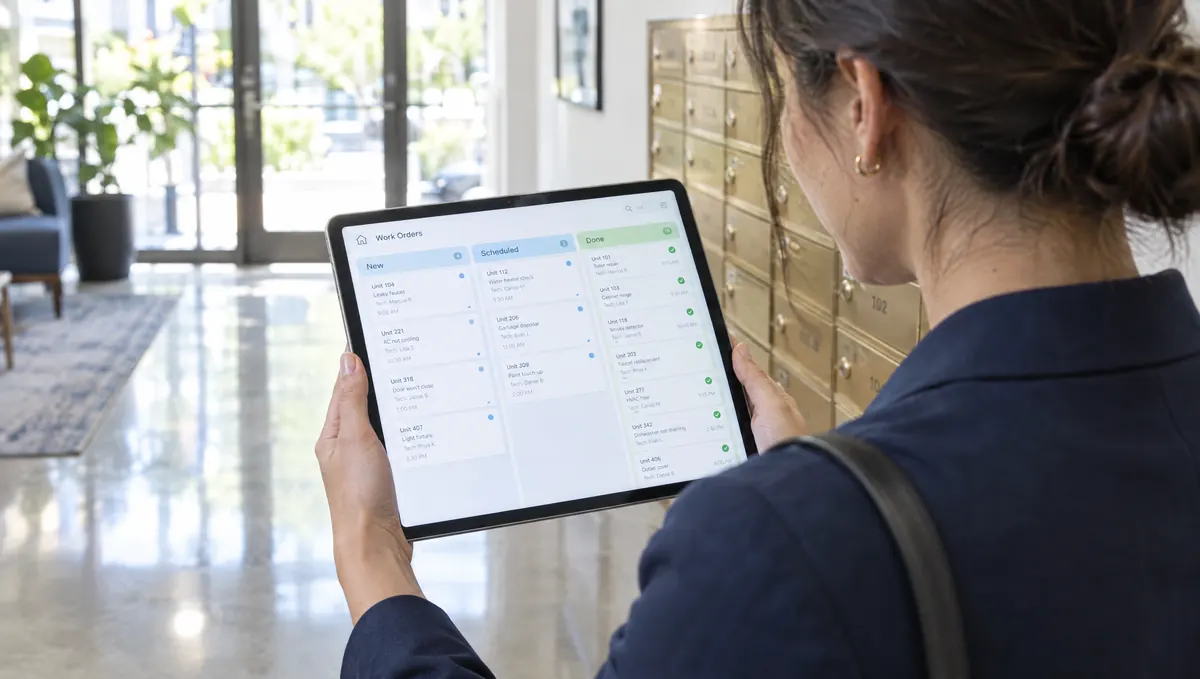 A property manager checking a board of work orders, most already done, on her tablet