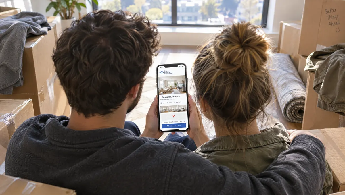 A young couple on moving boxes finding a rental from a local property manager on her phone