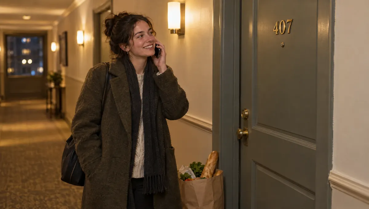 A tenant locked out at night, smiling because the property manager's line answered