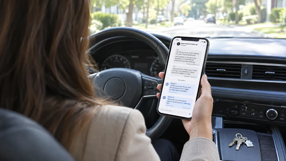 A real estate agent seeing replies to her open house follow-ups in her car