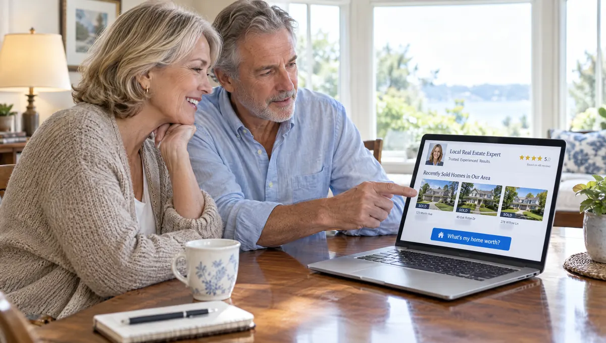 An older couple checking what their home is worth on a local agent's page