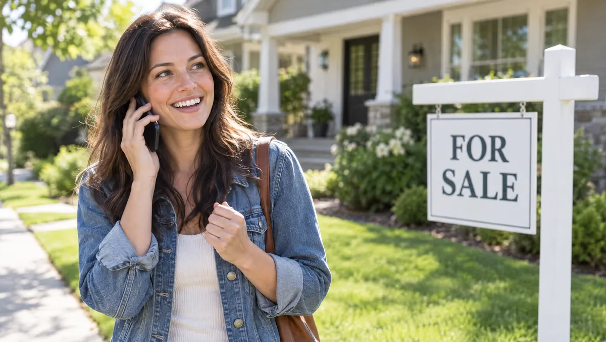 A woman calling the number on a For Sale sign, smiling because someone answered