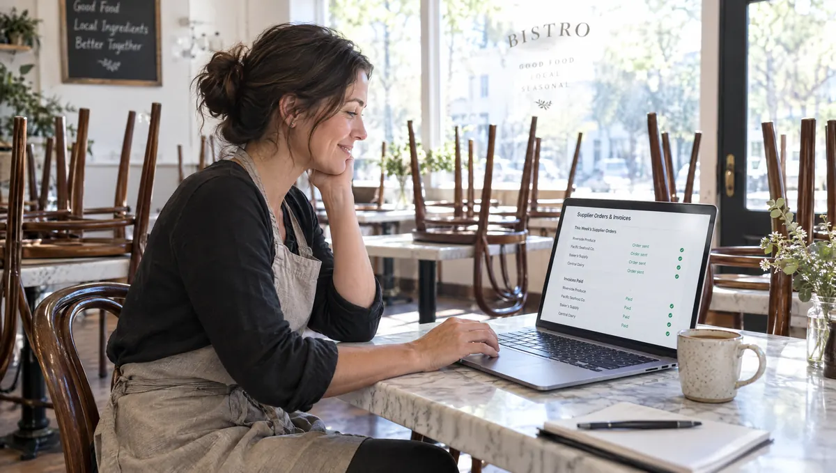 A restaurant owner before opening, seeing supplier orders sent and invoices paid on her laptop