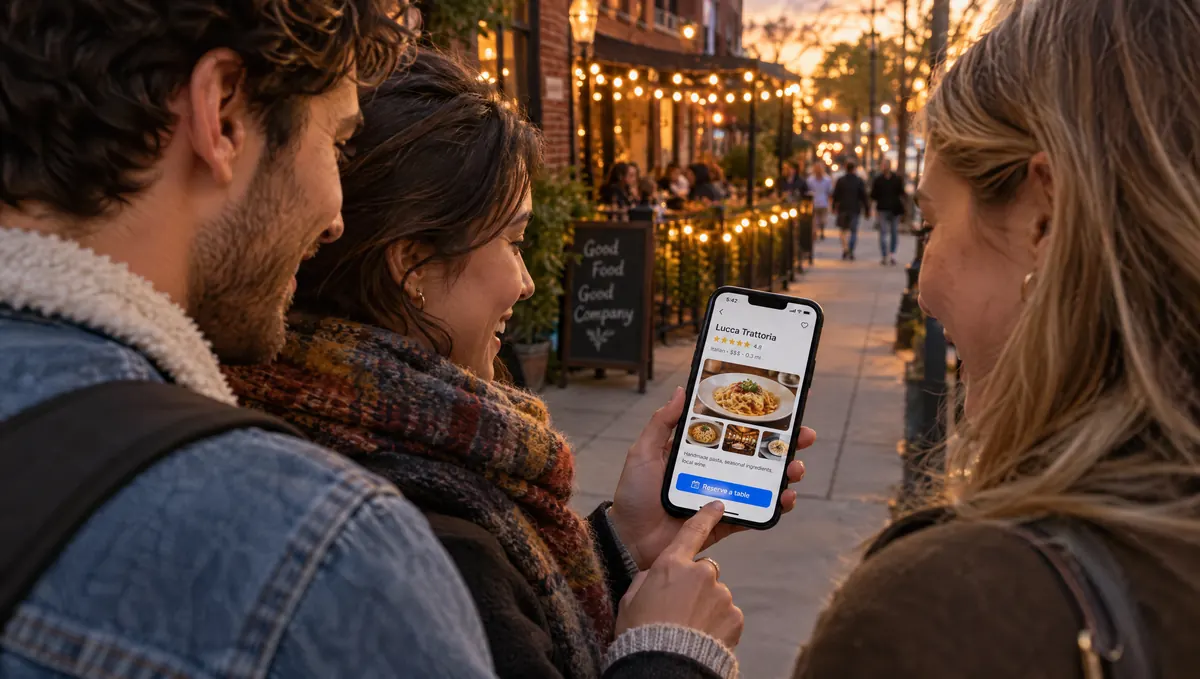 Three friends at dusk choosing a local restaurant on a phone