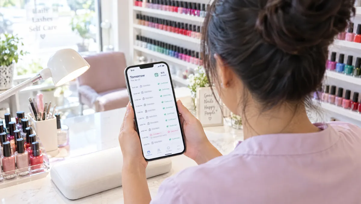 A nail salon owner seeing tomorrow's clients confirmed by text