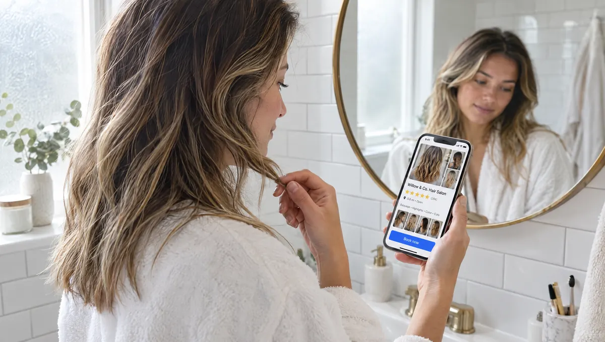 A woman ready for a new look finding a local hair salon on her phone
