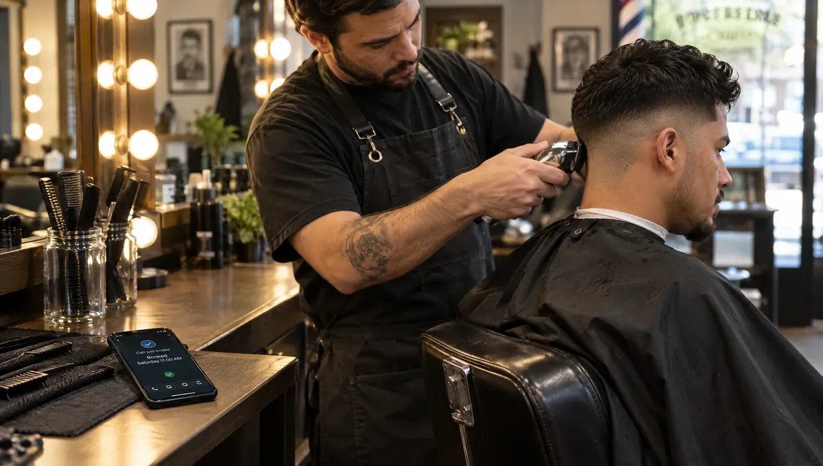 A barber keeps cutting while a call is answered and a Saturday appointment booked on his phone