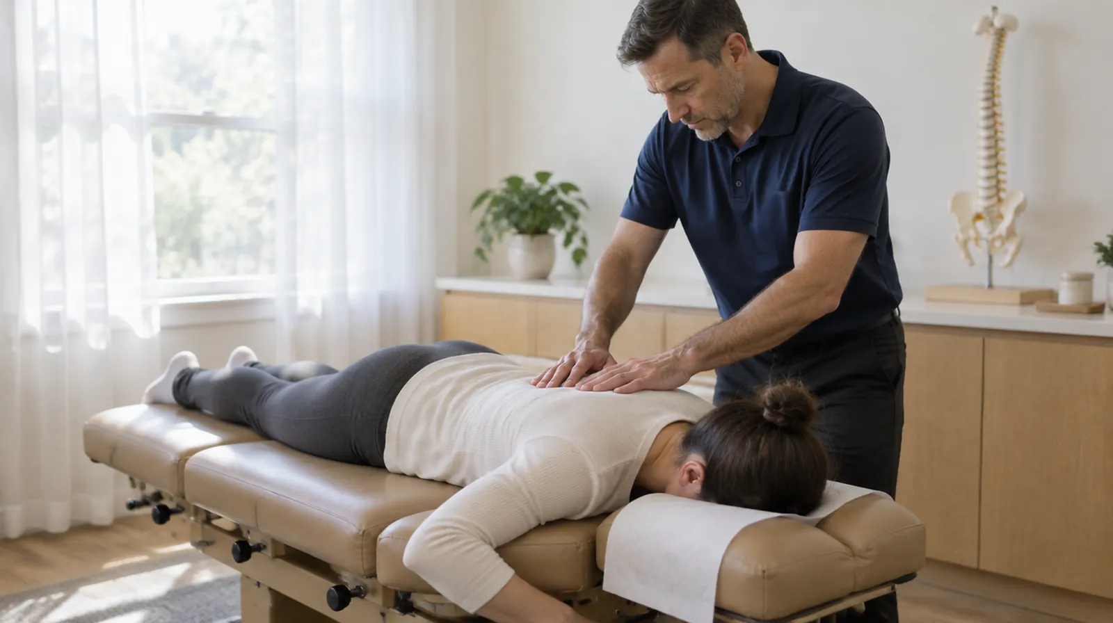 A chiropractor places his hands on the upper back of a patient lying face down on an adjusting table