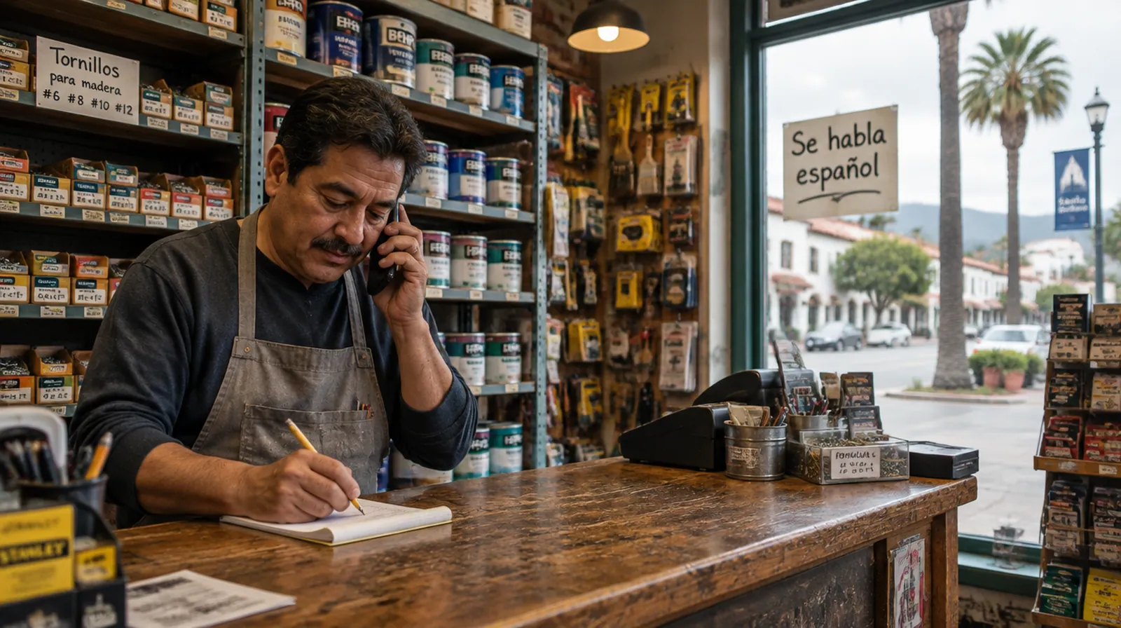 The owner of a neighborhood hardware store takes an order on the phone, a "Se habla español" sign in the window behind him