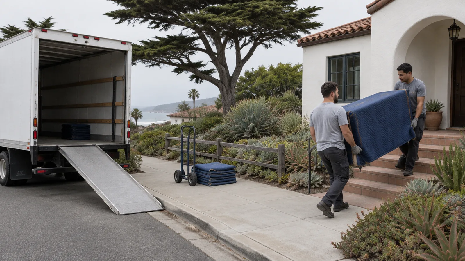 Two movers carry a dresser wrapped in a moving blanket down the steps of a stucco house toward an open moving truck