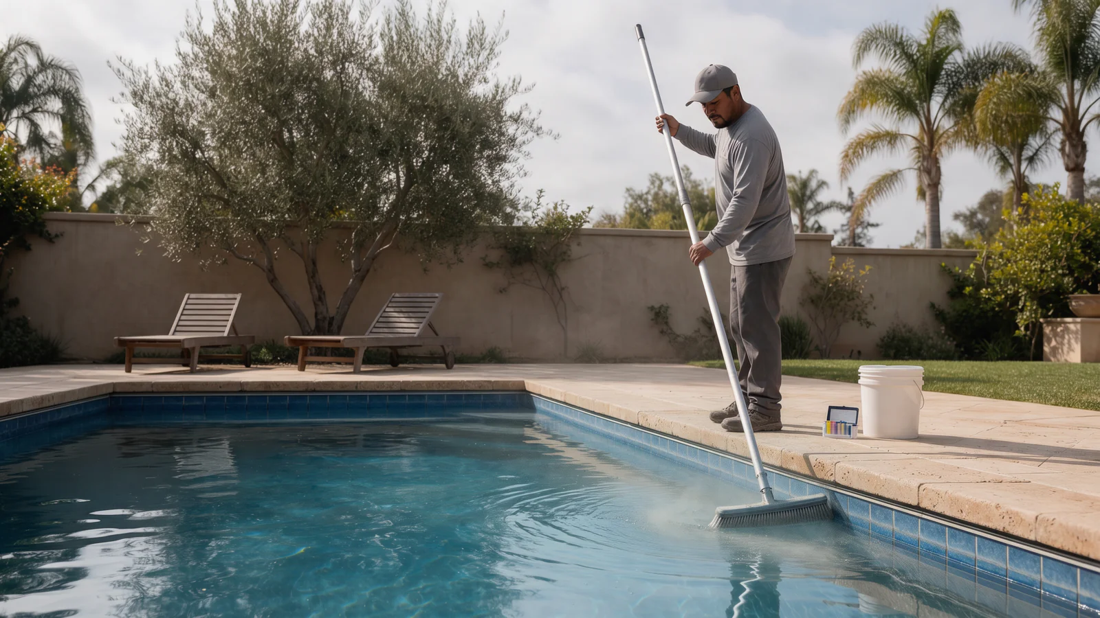 A pool technician brushes the tiled wall of a backyard pool with a long pole, a bucket and test kit on the deck