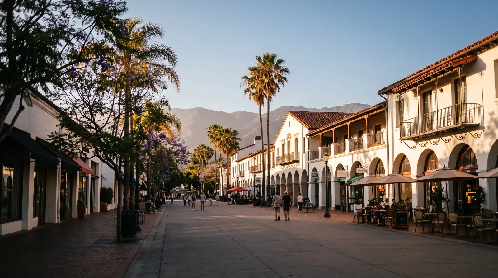 State Street in Santa Barbara at golden hour, with shops under Spanish-style arcades