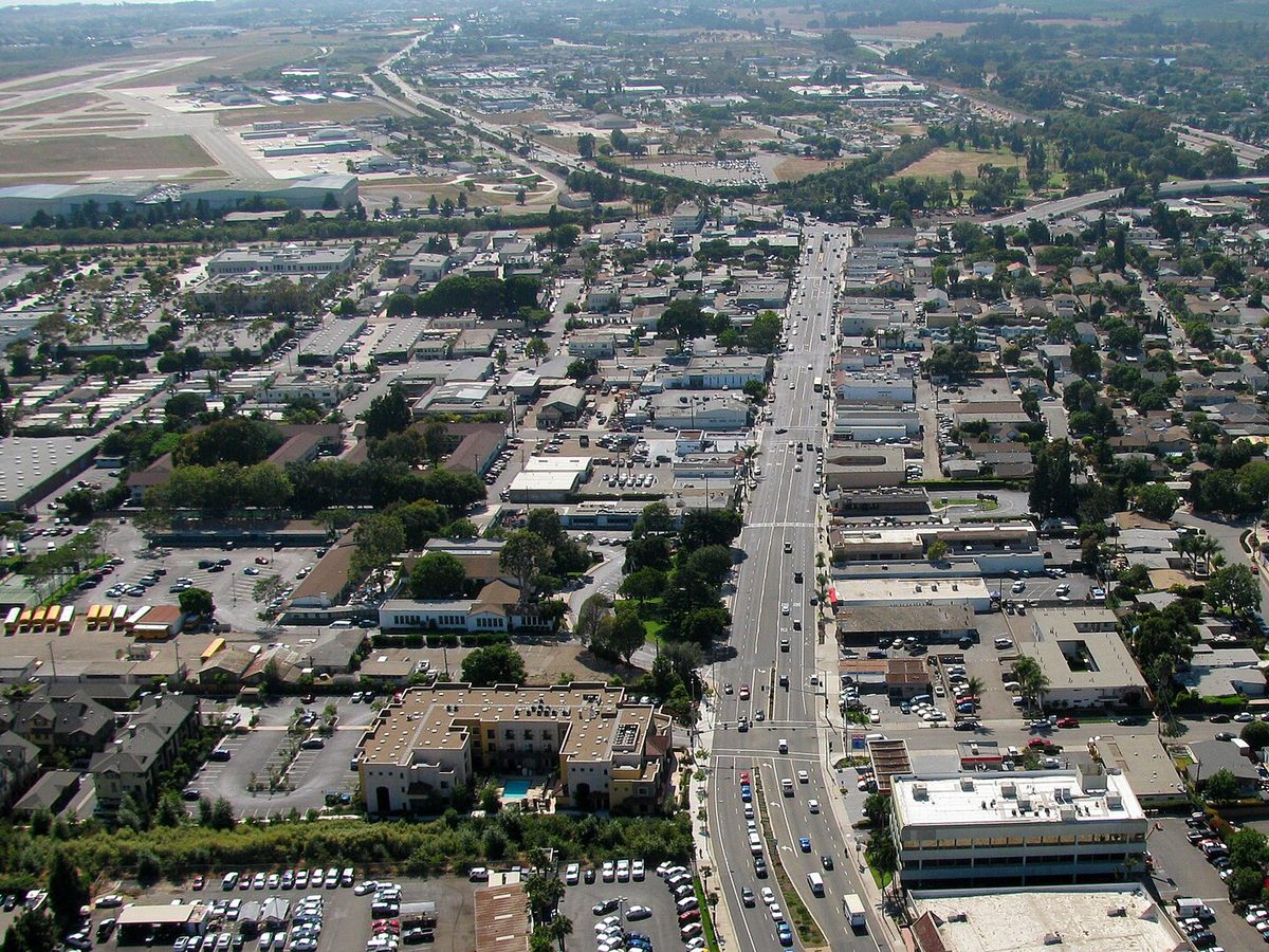 Old Town Goleta from the air, looking west along Hollister Avenue
