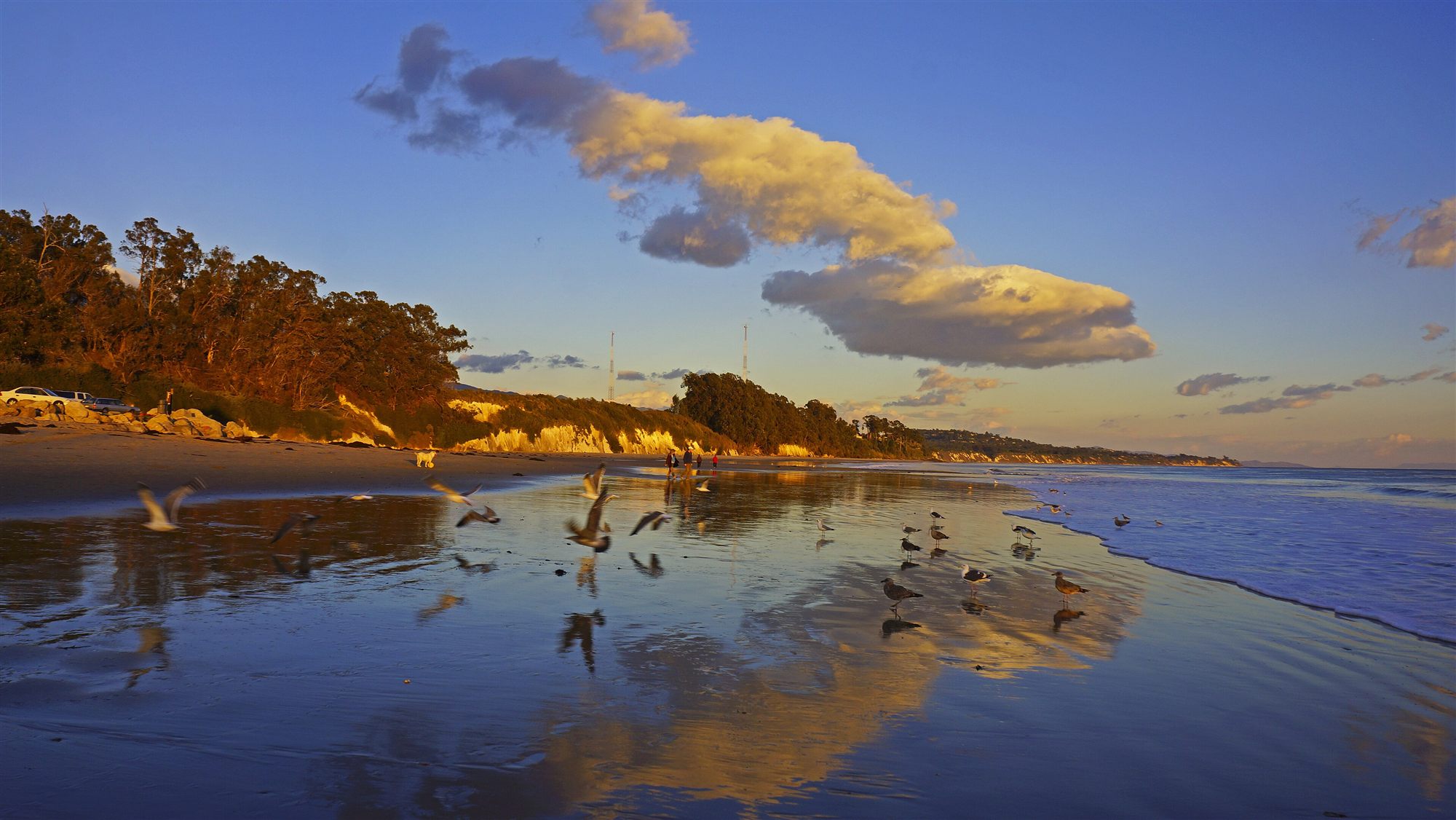 Golden evening light on the bluffs and wet sand of Goleta Beach on the Central Coast